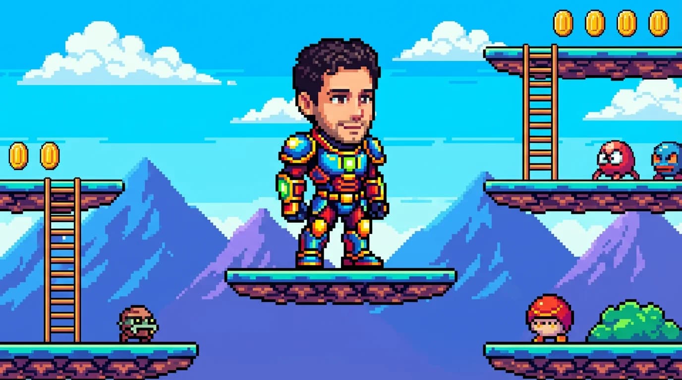 AI generated example: Video Game Character - Turn your photo into nostalgic 16-bit pixel art inside a classic 2D platformer level with retro arcade colors and pixelated details