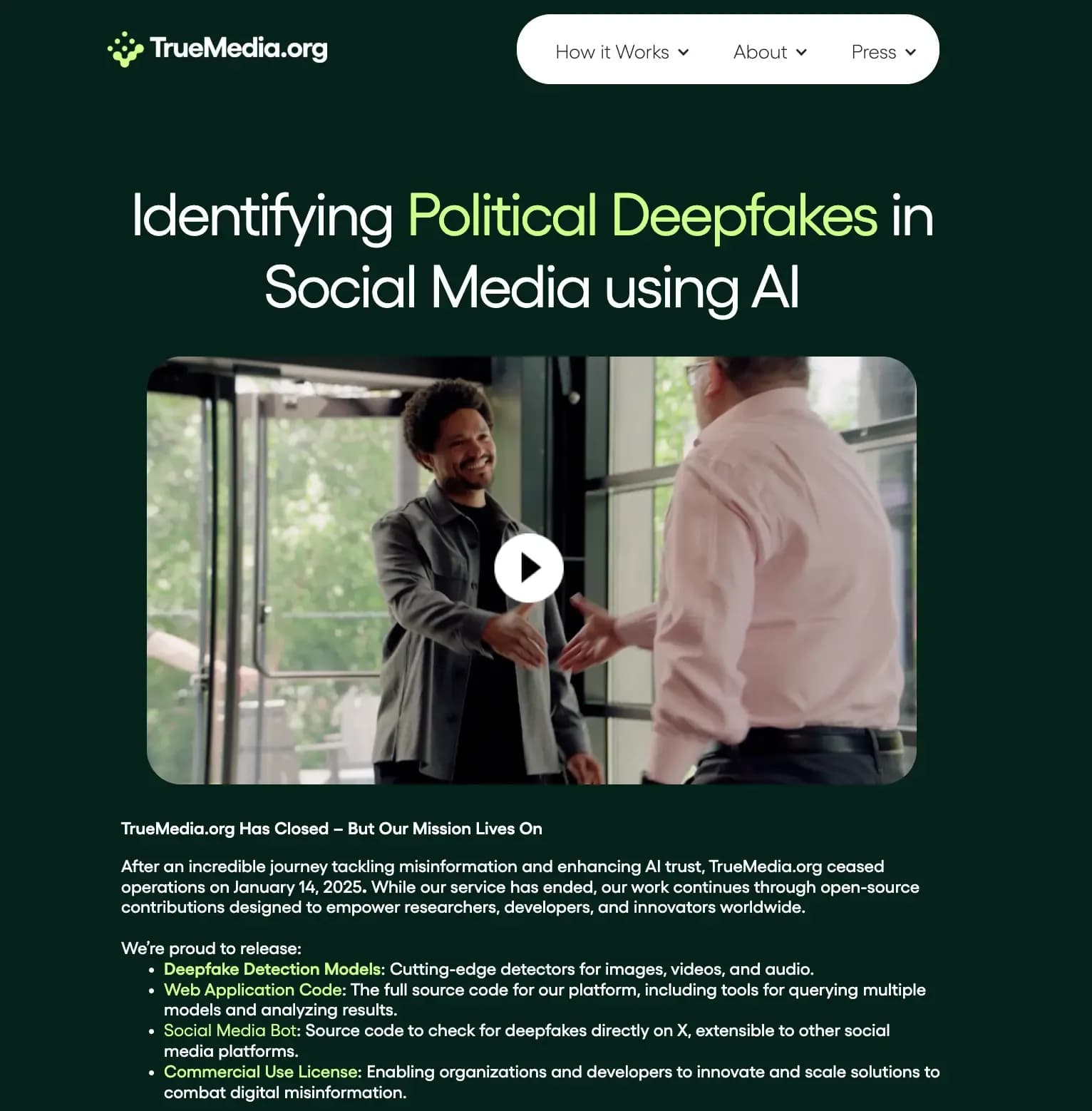 From Deepfake Detection to AI Video Generation: Open-source Deepfake Detection Models with TrueMedia.org