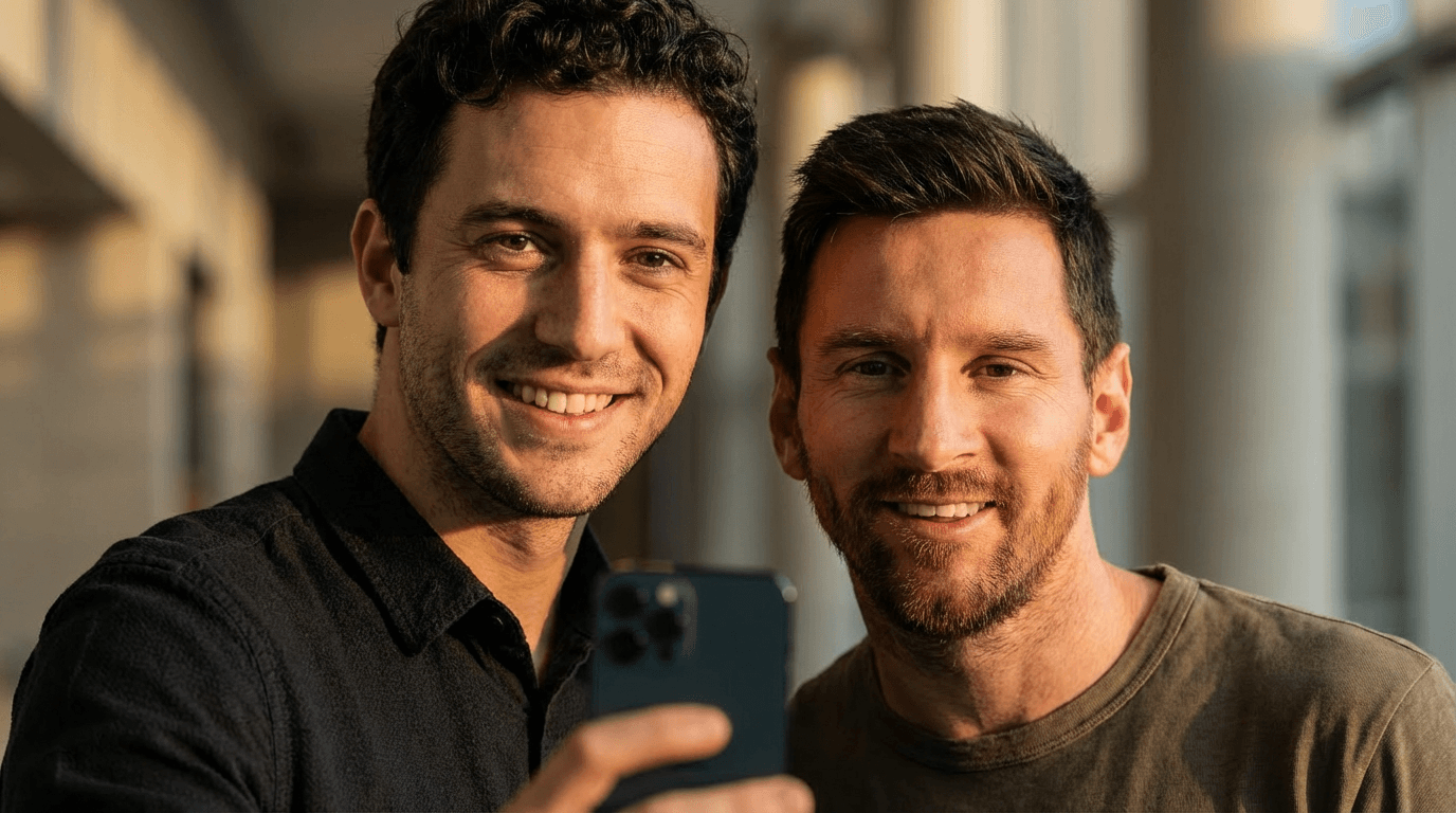 AI generated example: AI Celebrity Selfie - Generate a realistic selfie standing next to your favorite celebrity with matched lighting, camera angle, and natural depth of field