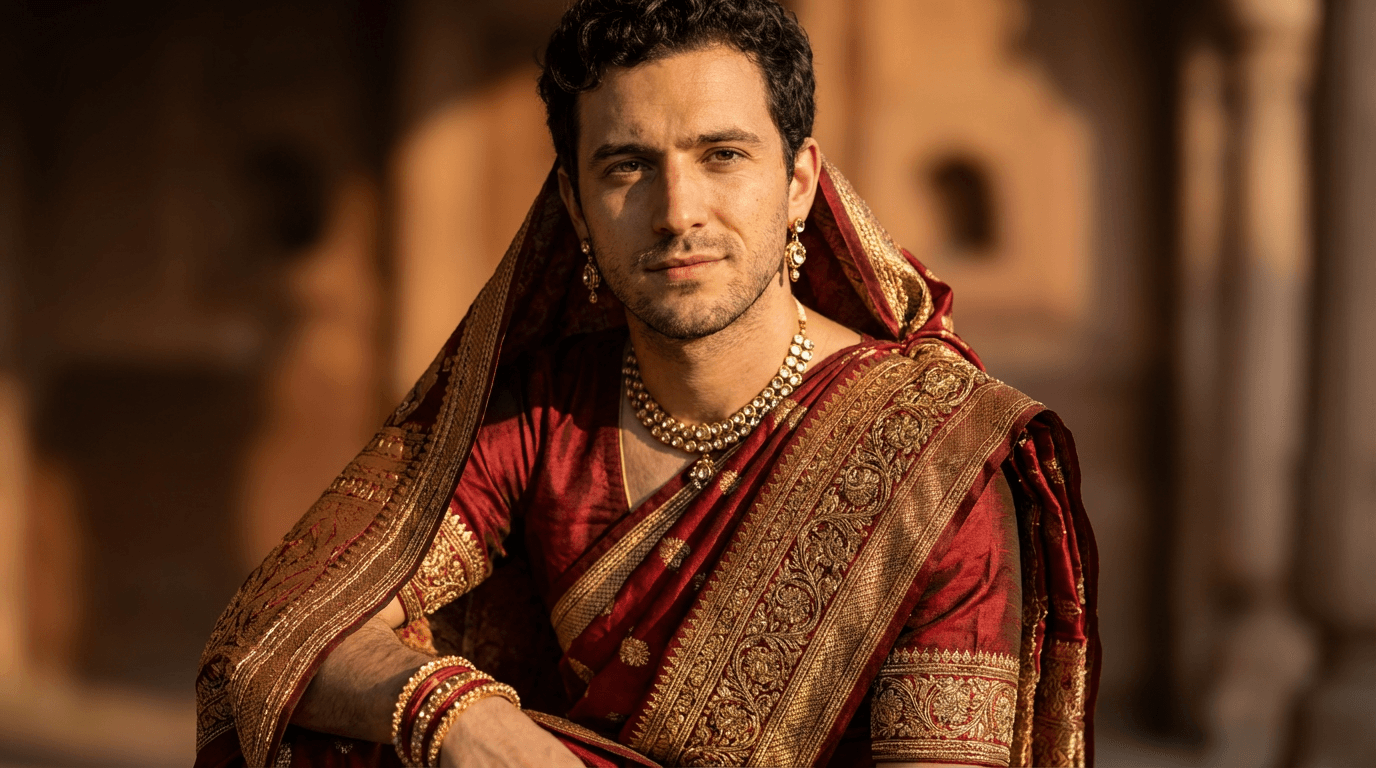 AI generated example: AI Saree / Fashion Makeover - Transform into cinematic Bollywood fashion with rich silk saree, detailed embroidery, elegant jewelry, and golden hour lighting