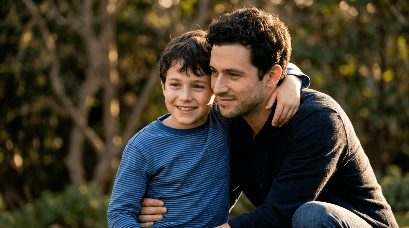 AI generated example: Hugging My Younger Self - Merge adult and childhood photos into emotional nostalgic scenes with seamless composition, matched lighting, and realistic proportions