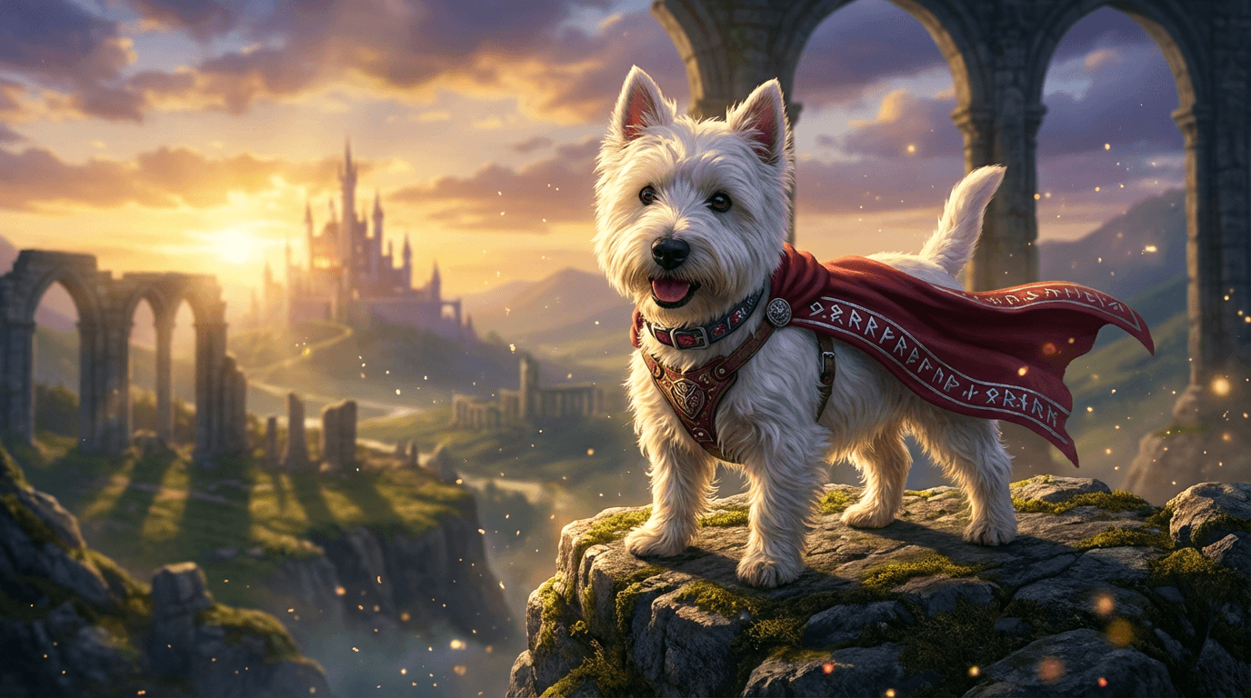 AI generated example: Pet Adventure Fantasy Scene - Turn your pet into an epic fantasy hero with dramatic lighting, fantasy landscapes, and cinematic color grading while keeping features accurate
