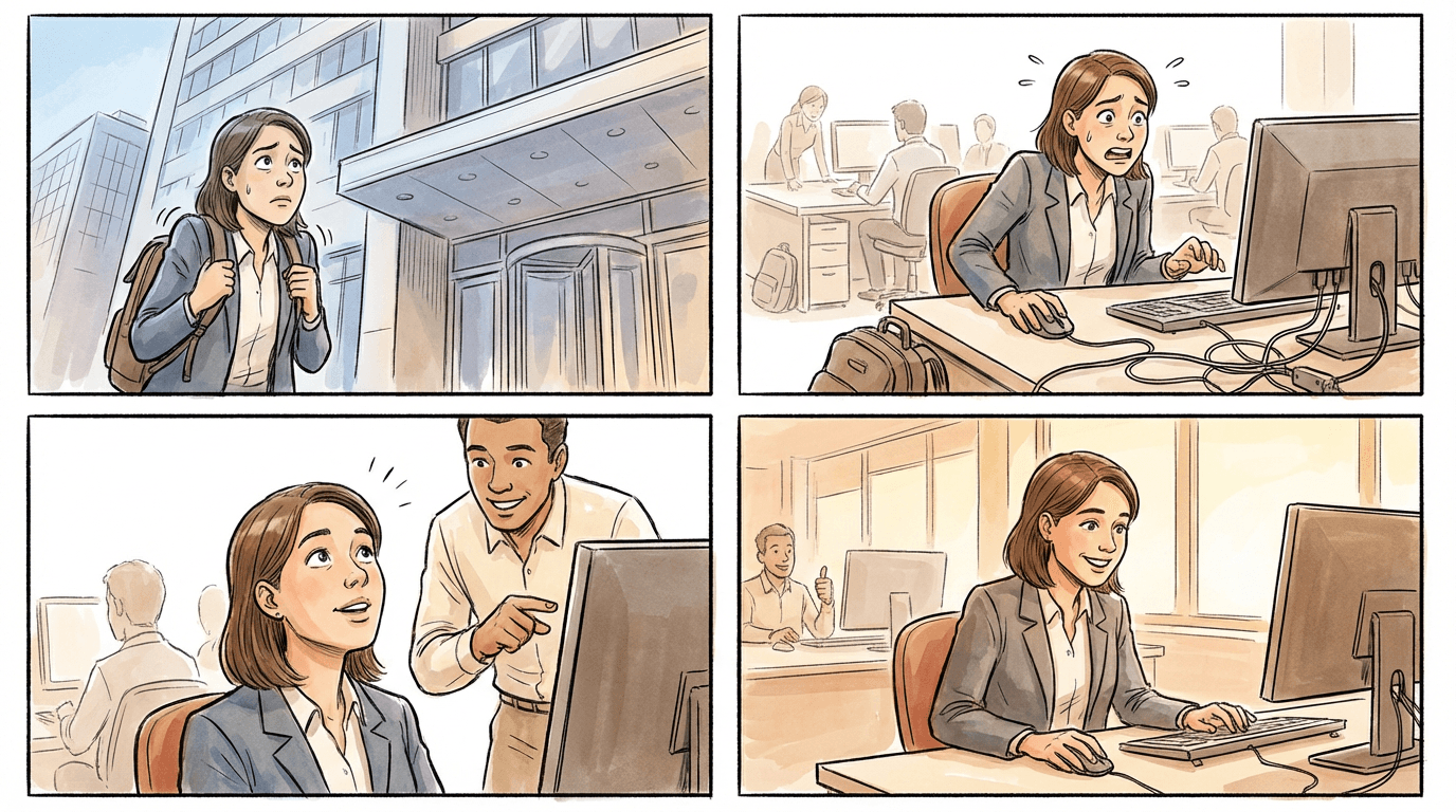 AI generated example: Storyboard / Comic Panels - Generate 4-panel sequential storyboards for any scenario with consistent characters, lighting, colors, and framing for narrative flow