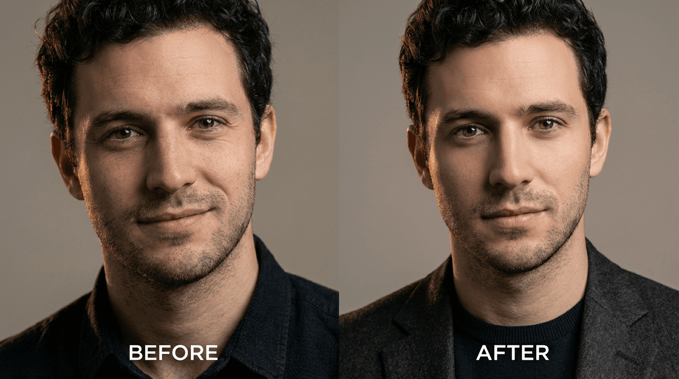 AI generated example: Viral Before/After Glow-Up - Create polished before/after edits with smooth skin, refined lighting, elegant wardrobe, and editorial styling for social media