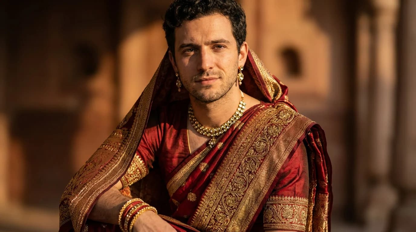 AI generated example: AI Saree / Fashion Makeover - Transform into cinematic Bollywood fashion with rich silk saree, detailed embroidery, elegant jewelry, and golden hour lighting