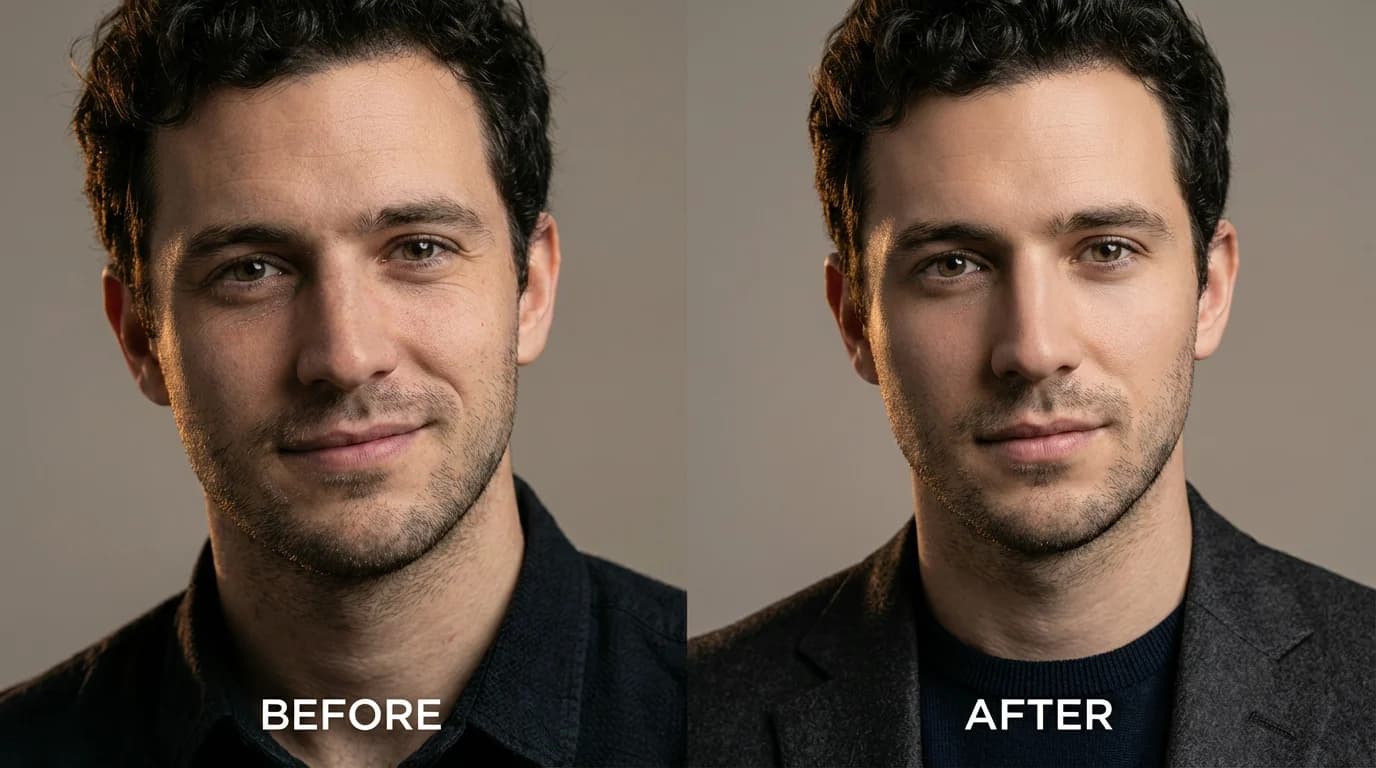 AI generated example: Viral Before/After Glow-Up - Create polished before/after edits with smooth skin, refined lighting, elegant wardrobe, and editorial styling for social media